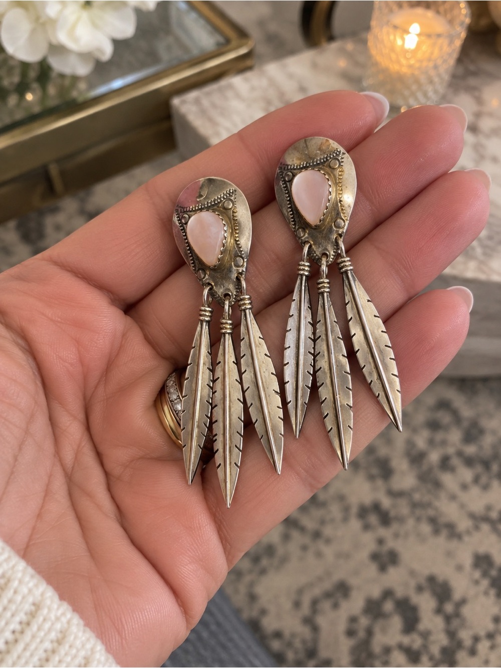 Signed J.S. 925 Sterling Silver Pink MOP Feather Earrings